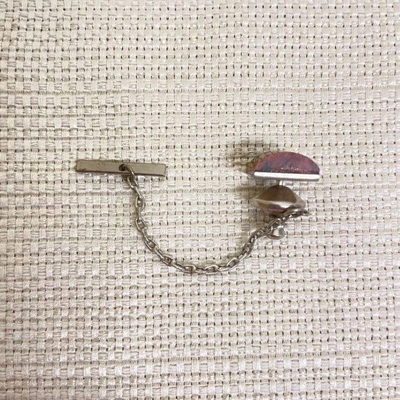 Vintage Natural Jasper Gemstone Tie Tack Pin Silver Tone Chain/Wrap - Picture 5 of 5